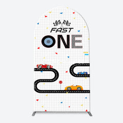 Aperturee - Fast One Racing Track Plaid Arch Birthday Backdrop