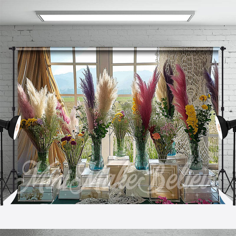 Aperturee - Feather Flower Vase Window Scene Spring Backdrop