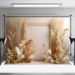 Aperturee - Feather Orange Flower Beige Wall Boho Photo Backdrop