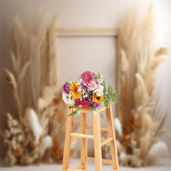 Aperturee - Feather Orange Flower Beige Wall Boho Photo Backdrop