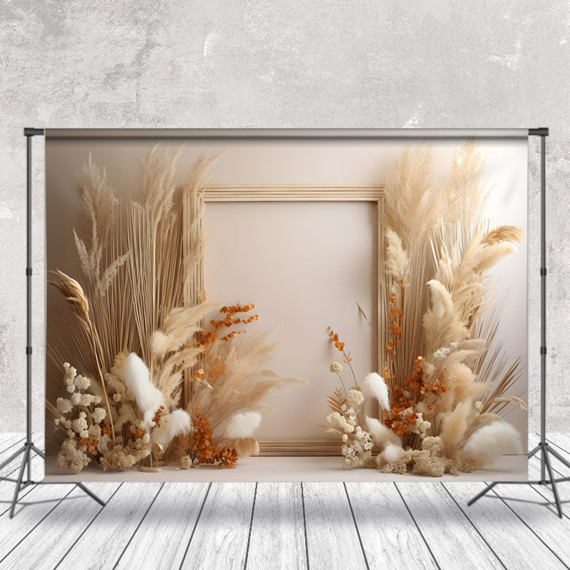 Aperturee - Feather Orange Flower Beige Wall Boho Photo Backdrop