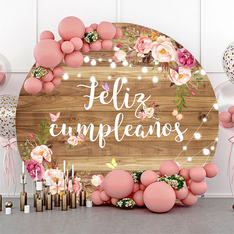 Aperturee - Feliz Cumpleanos Flower Wood Round Birthday Backdrop