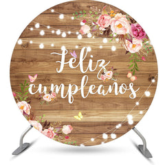 Aperturee - Feliz Cumpleanos Flower Wood Round Birthday Backdrop