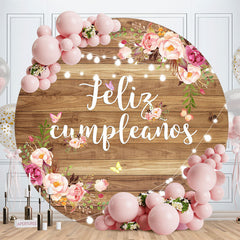 Aperturee - Feliz Cumpleanos Flower Wood Round Birthday Backdrop