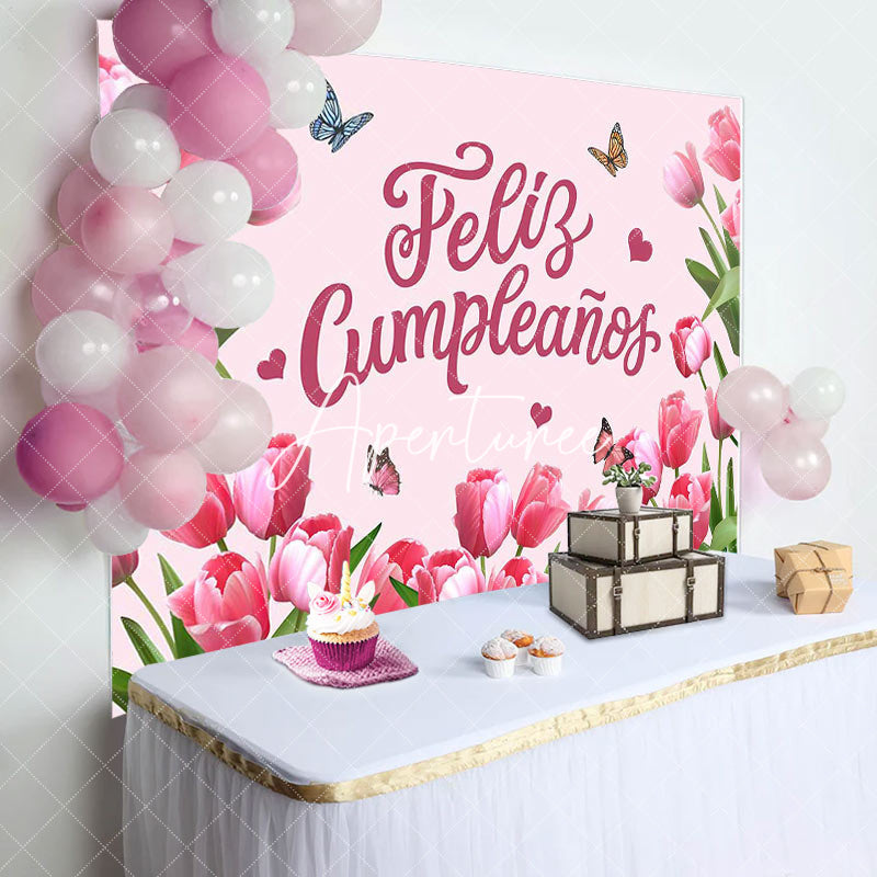 Aperturee - Feliz Cumpleanos Pink Tulip Spring Birthday Backdrop