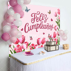 Aperturee - Feliz Cumpleanos Pink Tulip Spring Birthday Backdrop