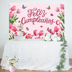 Aperturee - Feliz Cumpleanos Pink Tulip Spring Birthday Backdrop