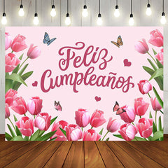 Aperturee - Feliz Cumpleanos Pink Tulip Spring Birthday Backdrop