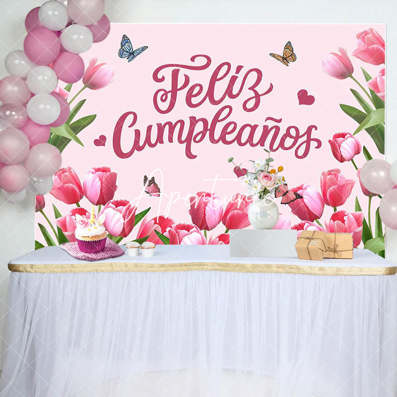 Aperturee - Feliz Cumpleanos Pink Tulip Spring Birthday Backdrop