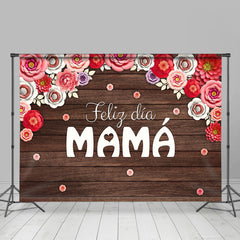 Aperturee - Feliz Dia Mama Red Floral Wooden Mothers Day Backdrop