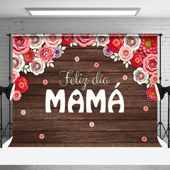 Aperturee - Feliz Dia Mama Red Floral Wooden Mothers Day Backdrop