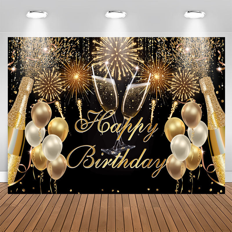 Aperturee - Fiesta Glitter Golden Balloon Happy Birthday Backdrop