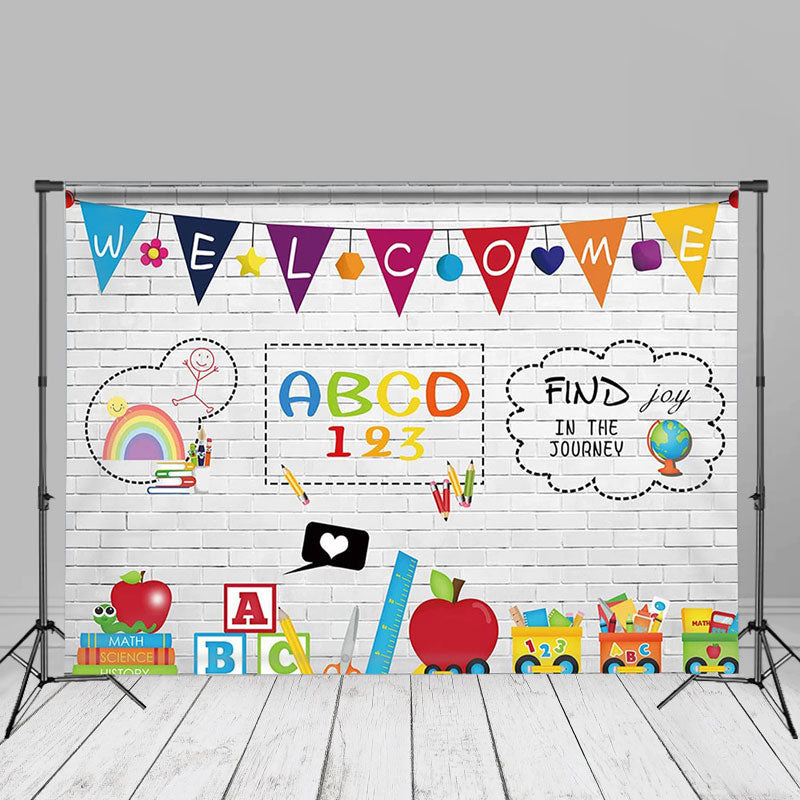 Aperturee - Find Joy In Journey White Brick Back To School Backdrop