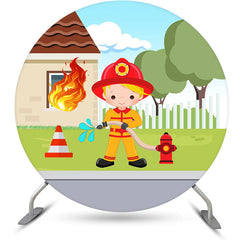 Aperturee - Fireman Firetruck Theme Caution Happy Birthday Backdrop Kit