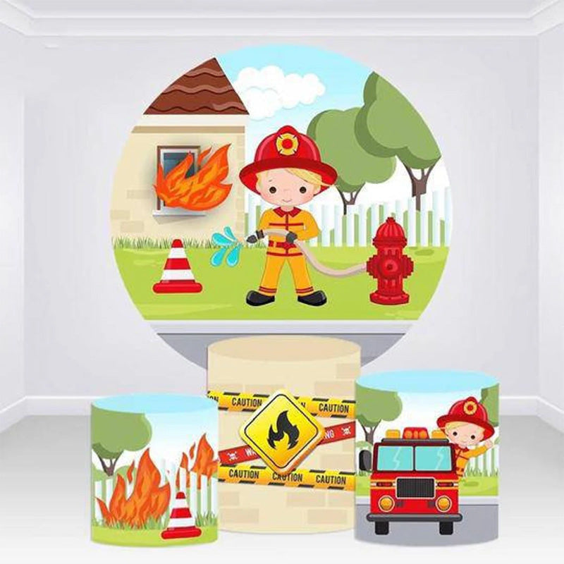 Aperturee Fireman Firetruck Theme Caution Happy Birthday Backdrop Kit