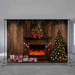 Aperturee - Fireplace Cabin Bow Tie Christmas Wood Backdrop