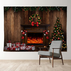 Aperturee - Fireplace Cabin Bow Tie Christmas Wood Backdrop