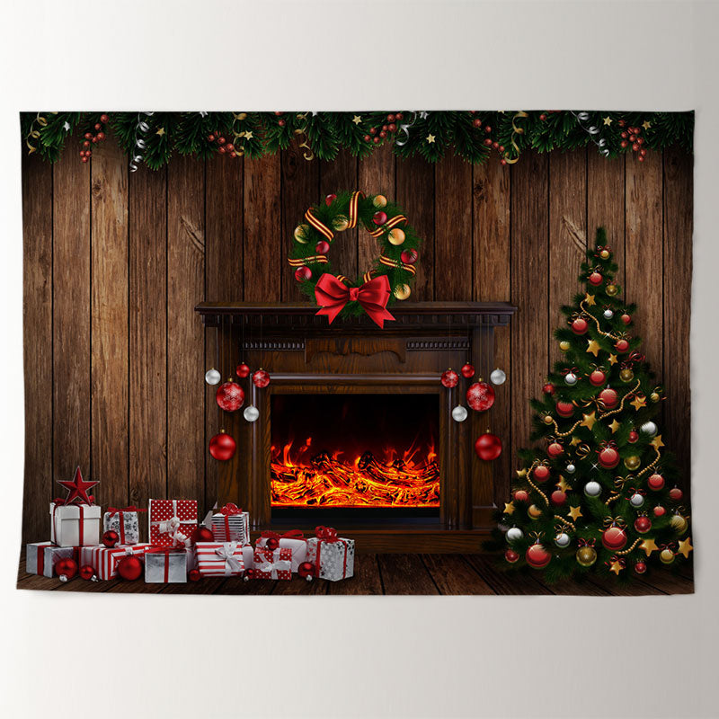 Aperturee - Fireplace Cabin Bow Tie Christmas Wood Backdrop