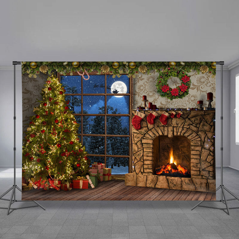 Aperturee - Fireplace Gift Tree Snowin Eve Christmas Backdrop