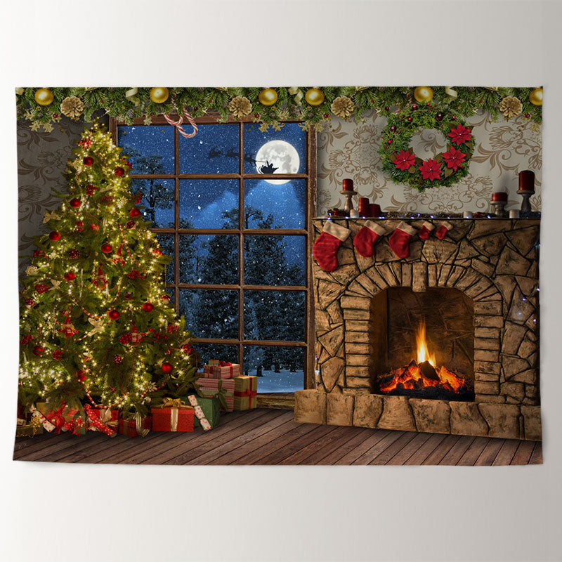 Aperturee - Fireplace Gift Tree Snowin Eve Christmas Backdrop