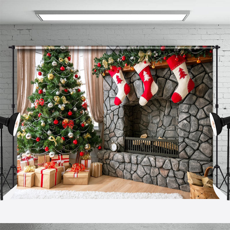 Aperturee - Fireplace Gifts Christmas Tree Photography Backdrop