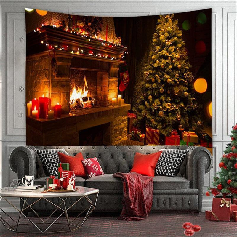 Aperturee - Fireplace Merry Christmas Tree Family Wall Tapestry