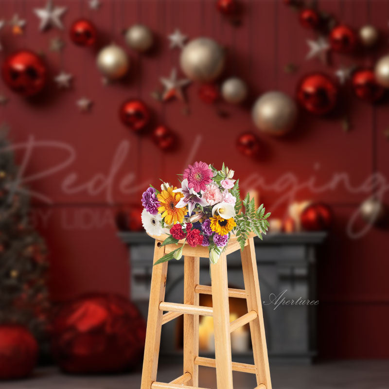 Aperturee - Fireplace Red Wall Christmas Photo Backdrop