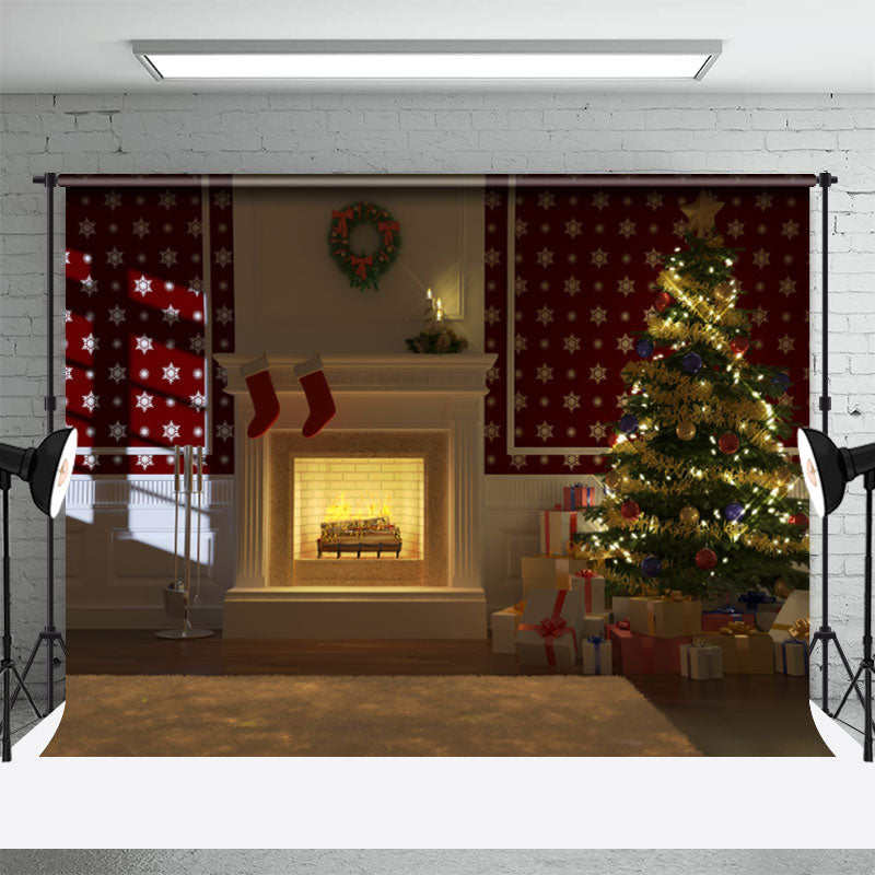 Aperturee - Fireplace Tree Stocking Gifts Christmas Backdrop