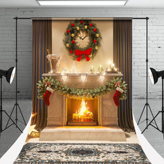 Aperturee - Fireplace Wreath Curtain Christmas Sweep Backdrop