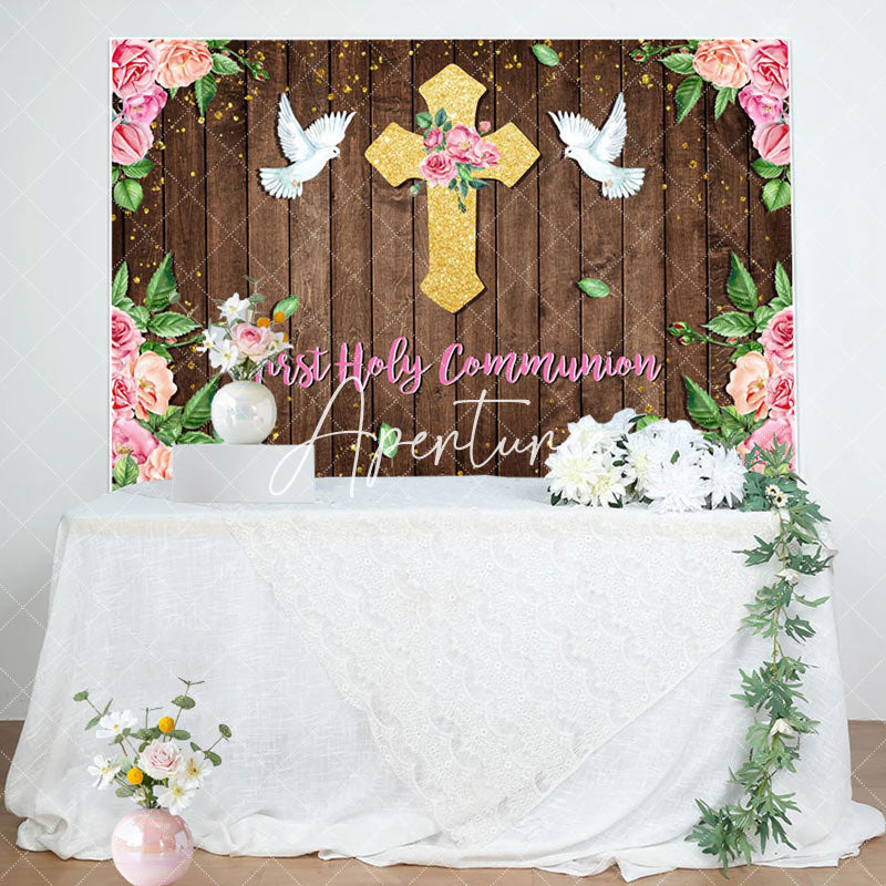 Aperturee - First Communion Floral Wooden Wall Baptism Backdrop