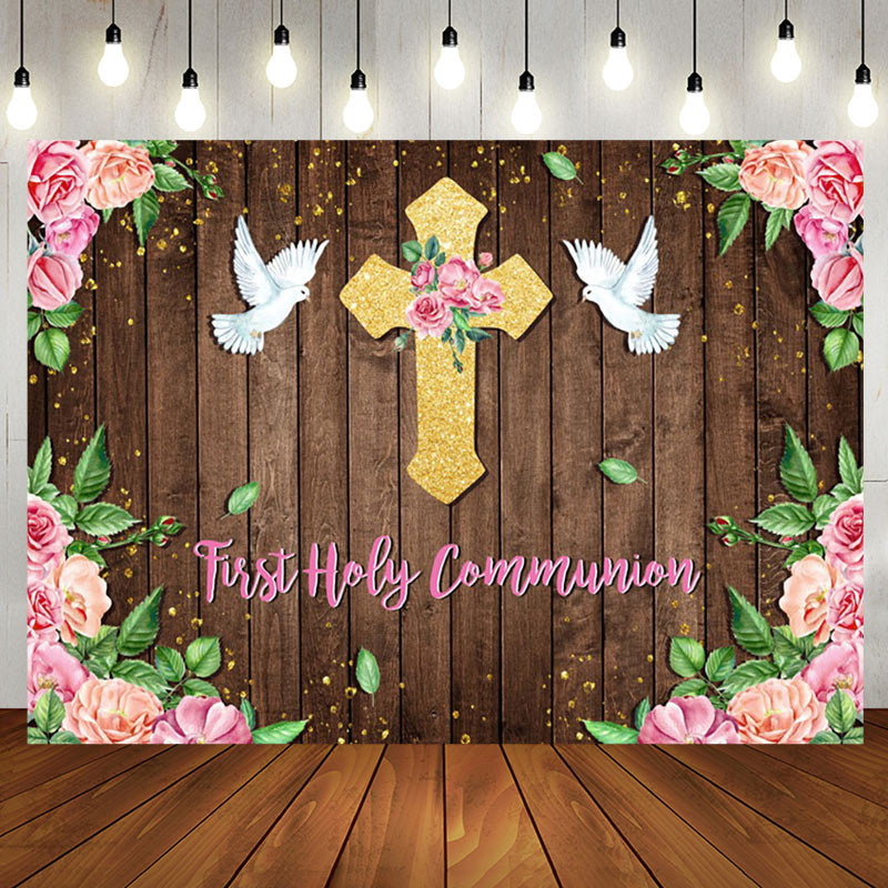 Aperturee - First Communion Floral Wooden Wall Baptism Backdrop