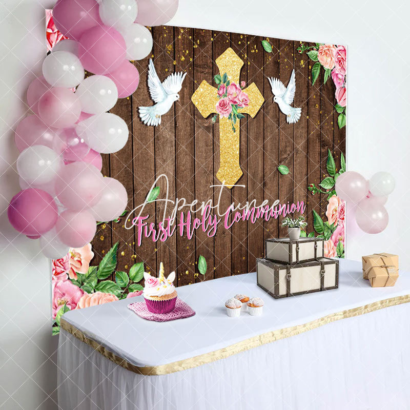 Aperturee - First Communion Floral Wooden Wall Baptism Backdrop