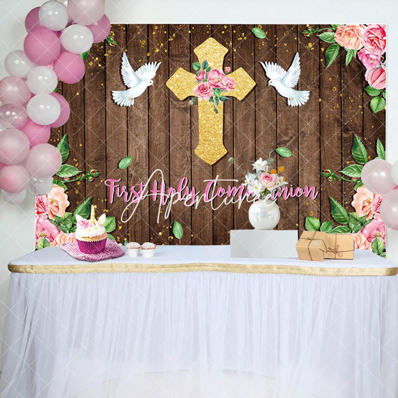 Aperturee - First Communion Floral Wooden Wall Baptism Backdrop