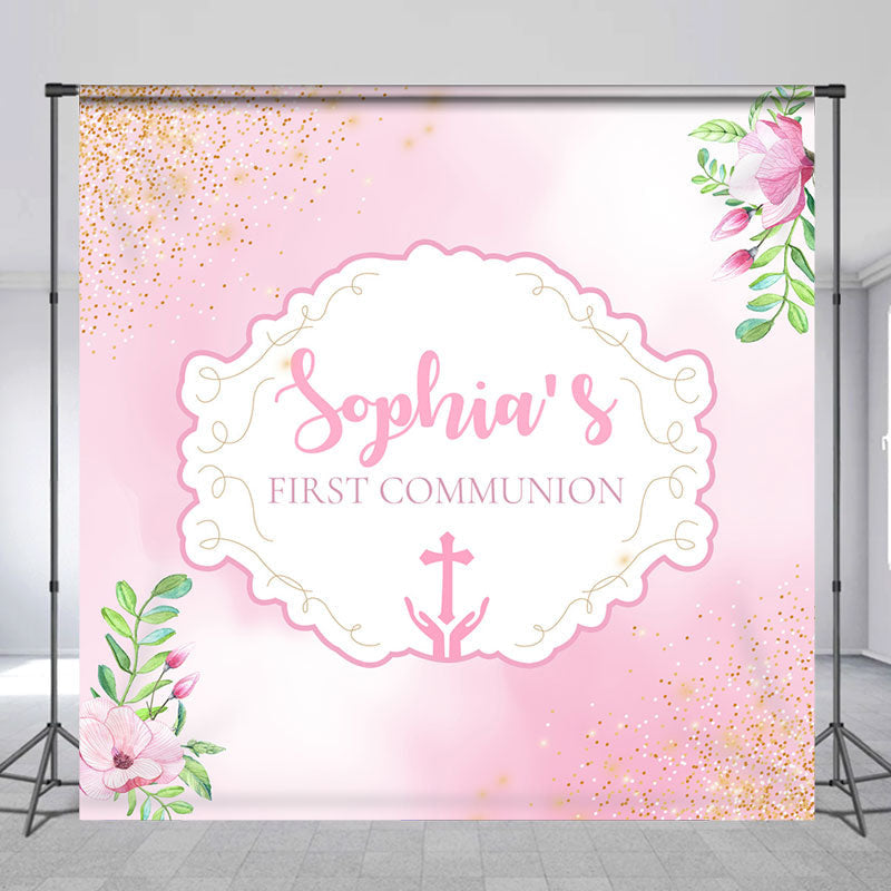 Aperturee - First Communion Pink Floral Custom Baptism Backdrop