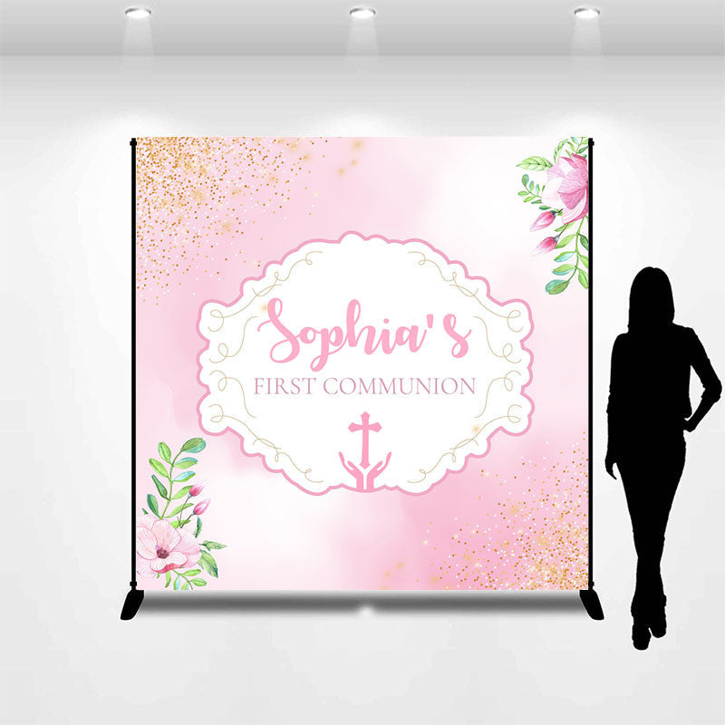 Aperturee - First Communion Pink Floral Custom Baptism Backdrop