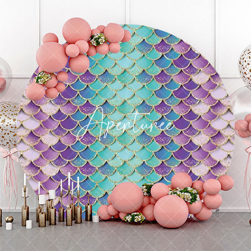 Aperturee - Fish Scales Gradient Mermaid Round Birthday Backdrop