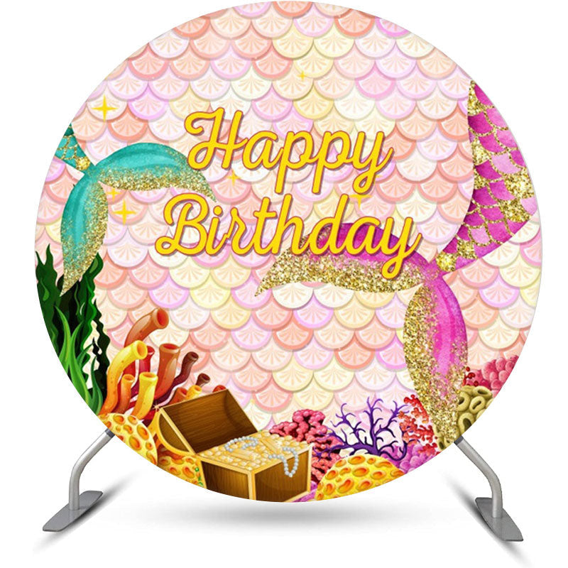 Aperturee - Fish Scales Treasure Mermaid Round Birthday Backdrop