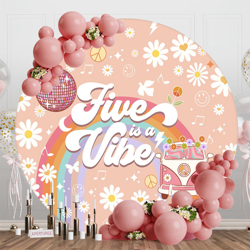 Aperturee - Five Is A Vibe Groovy Floral Round Birthday Backdrop