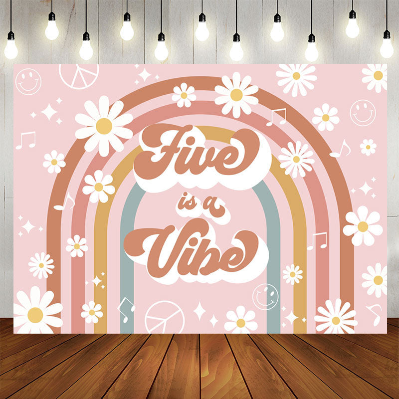 Aperturee - Five Is A Vibe Rainbow Floral 5th Birthday Backdrop