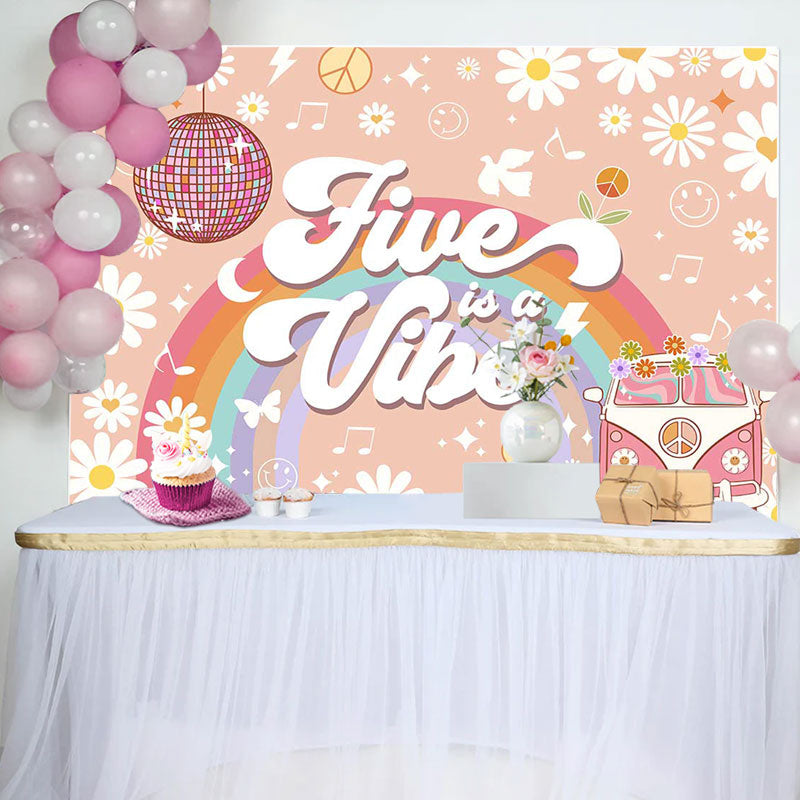 Aperturee - Five Is Vibe Groovy Daisy Car 5th Birthday Backdrop