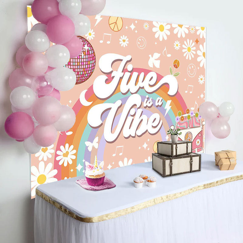 Aperturee - Five Is Vibe Groovy Daisy Car 5th Birthday Backdrop