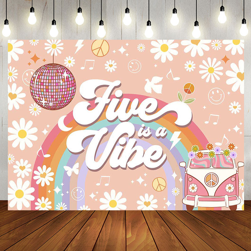 Aperturee - Five Is Vibe Groovy Daisy Car 5th Birthday Backdrop