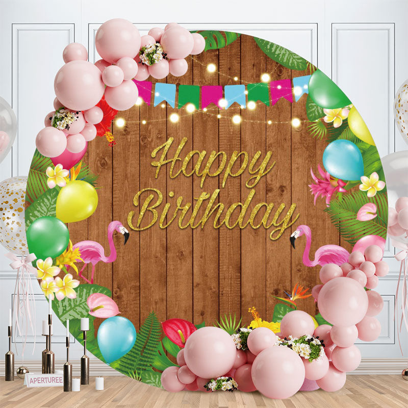 Aperturee - Flamingo And Floral Round Wood Birthday Backdrop