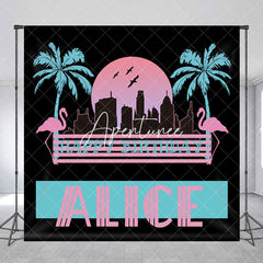 Aperturee - Flamingo Trees Moon Custom Name Birthday Backdrop