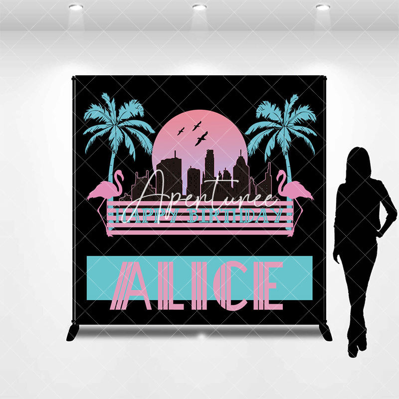 Aperturee - Flamingo Trees Moon Custom Name Birthday Backdrop