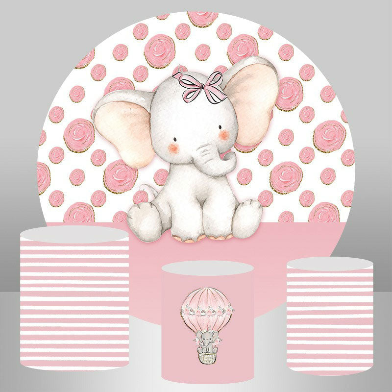 Aperturee Floral And Elephant Round Girls Birthday Backdrop Kit