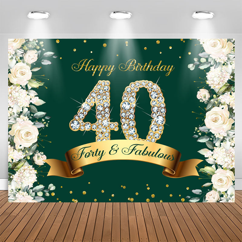 Aperturee - Floral And Glitter Green Happy 40Th Birthday Backdrop