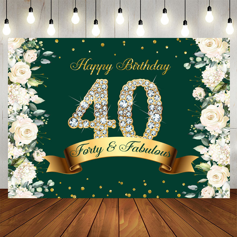 Aperturee - Floral And Glitter Green Happy 40Th Birthday Backdrop