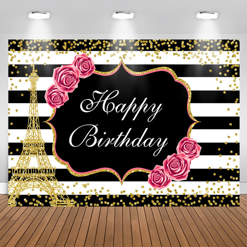 Aperturee - Floral And Gold Eiffel Tower Glitter Birthday backdrop