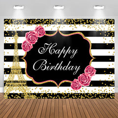 Aperturee - Floral And Gold Eiffel Tower Glitter Birthday backdrop